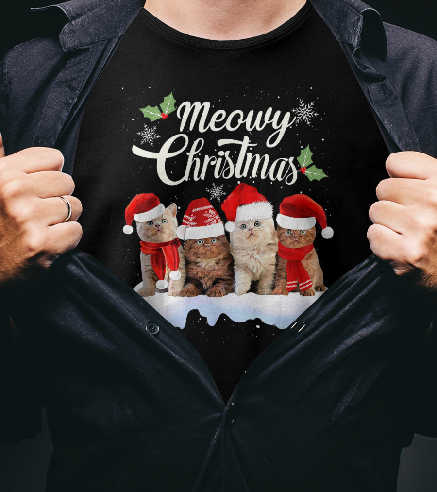 Meowy Christmas Kitten Cat Kitty Snowflake Santa Hat Holly T-Shirt