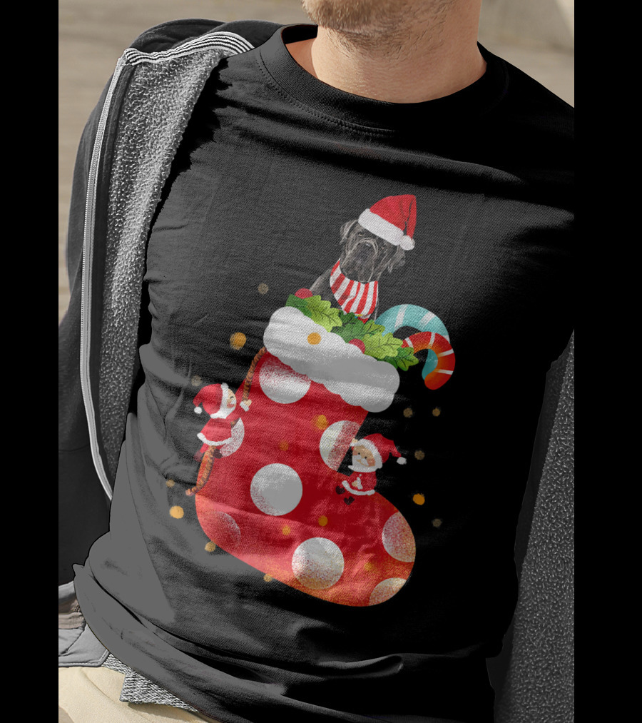 Christmas Cane Corso Dog In Santa Hat With Candy Cane And Stocking T-Shirt