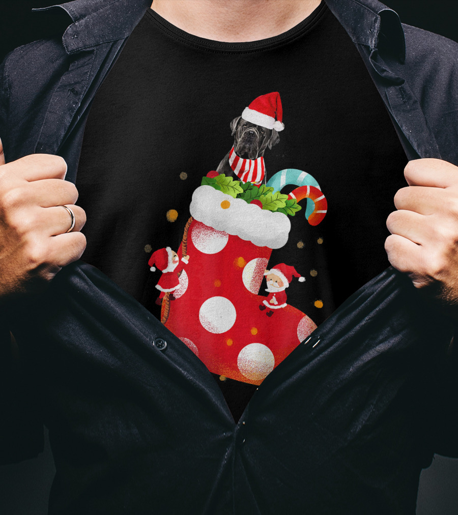 Christmas Cane Corso Dog In Santa Hat With Candy Cane And Stocking T-Shirt