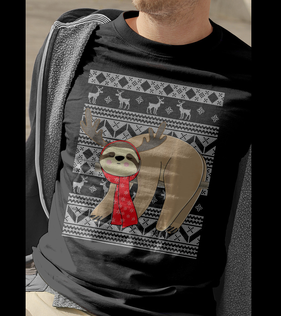 Ugly Christmas Sloth Reindeer Red Scarf Chris T-Shirt