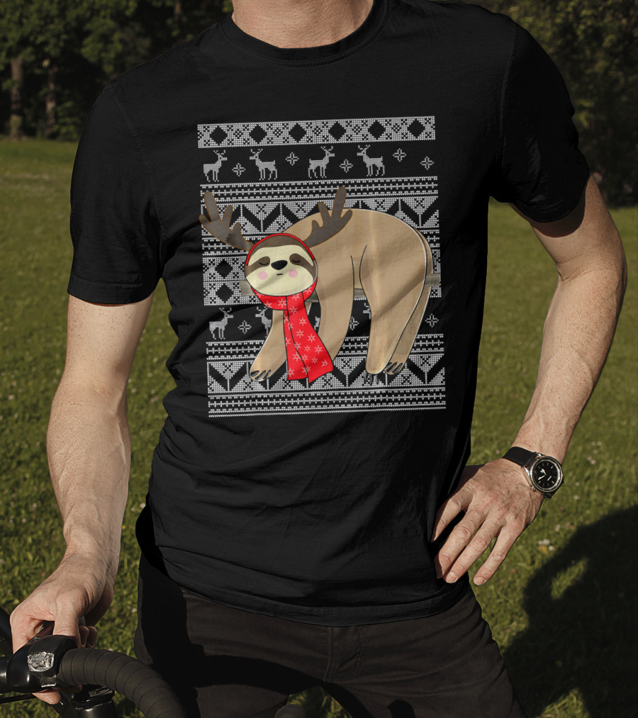 Ugly Christmas Sloth Reindeer Red Scarf Chris T-Shirt