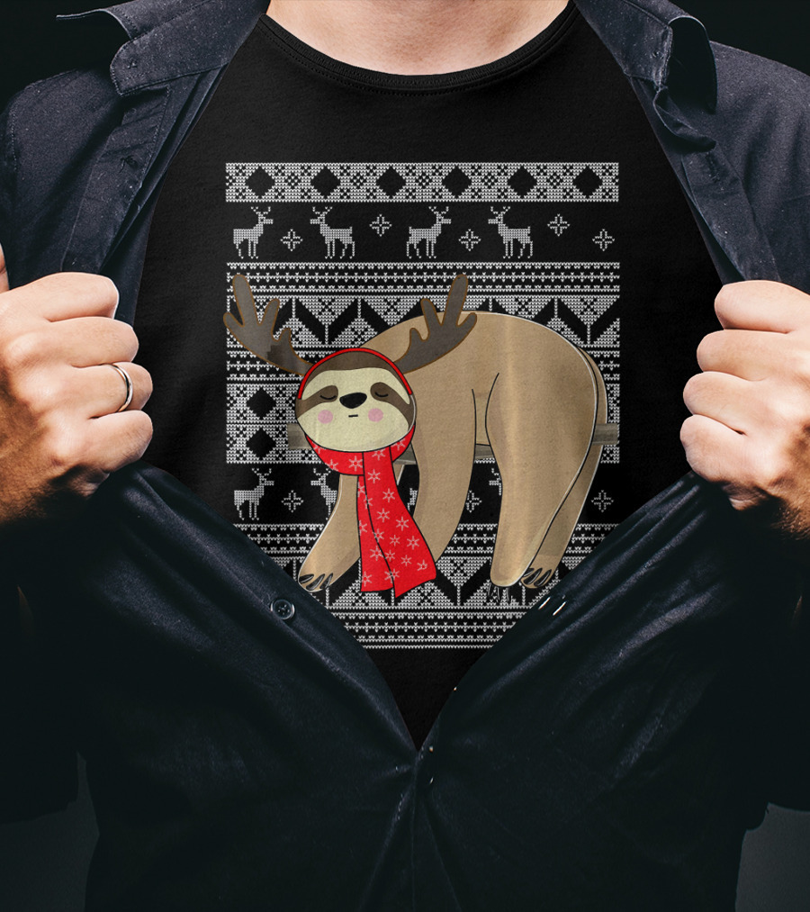 Ugly Christmas Sloth Reindeer Red Scarf Chris T-Shirt