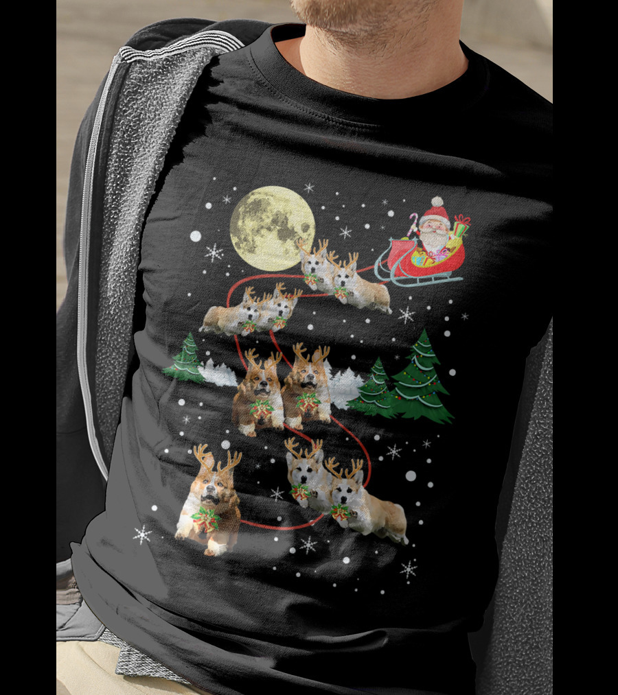 Reindeer Corgi Christmas Santa Sleigh Moon Trees Snowflakes T-Shirt