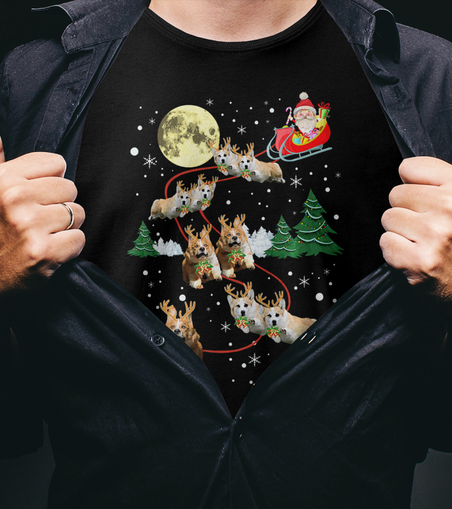 Reindeer Corgi Christmas Santa Sleigh Moon Trees Snowflakes T-Shirt