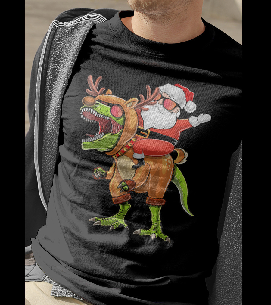 Santa Riding Reindeer Rex Dinosaur With Holiday Cheer T-Shirt