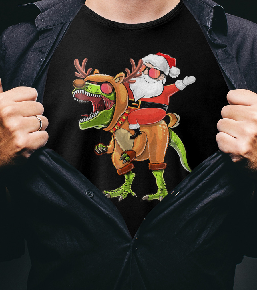 Santa Riding Reindeer Rex Dinosaur With Holiday Cheer T-Shirt