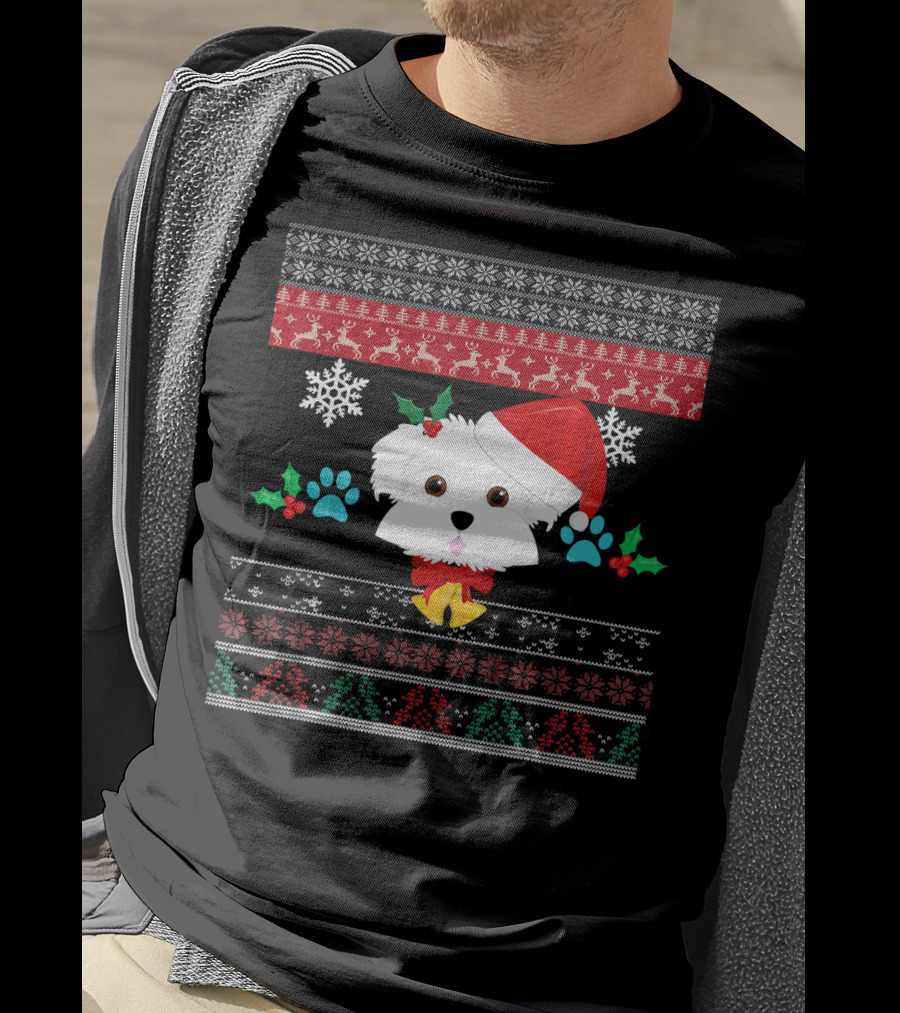 Maltese Dog Santa Hat Ugly Christmas Sweater Pattern Snowflakes Hollys Paws T-Shirt
