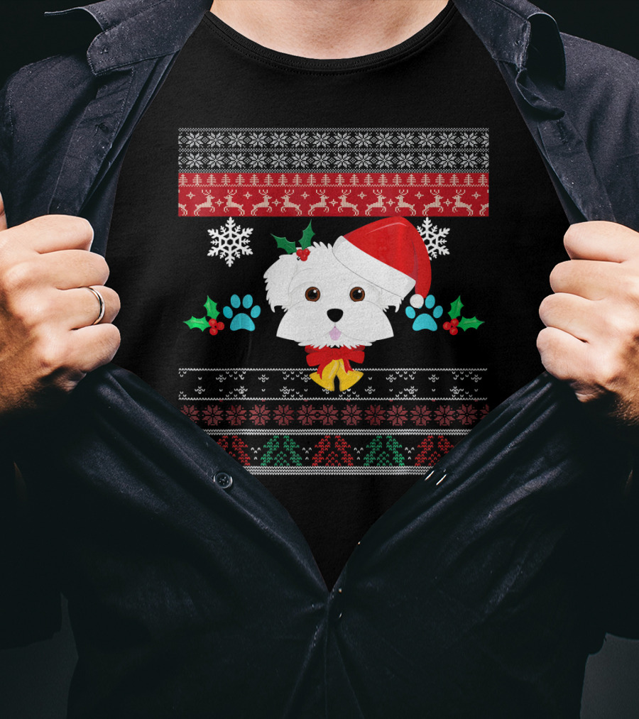 Maltese Dog Santa Hat Ugly Christmas Sweater Pattern Snowflakes Hollys Paws T-Shirt