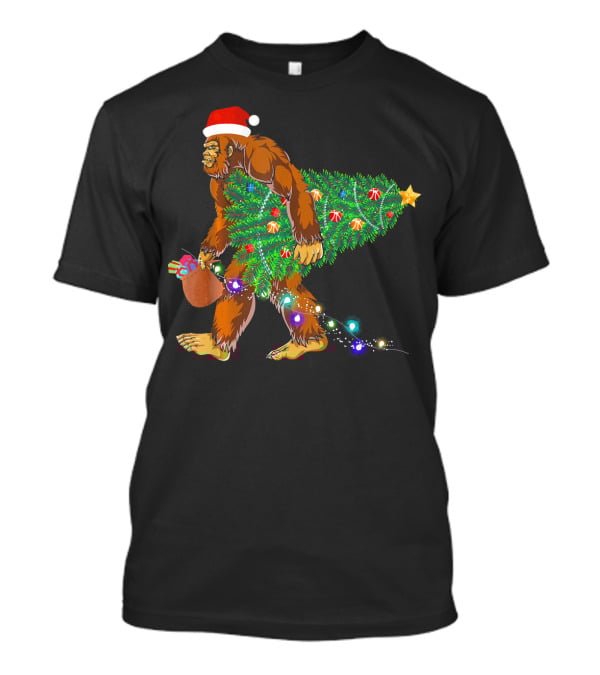 Santa Hat Bigfoot Holding Christmas Tree With Lights And Gifts T-Shirt