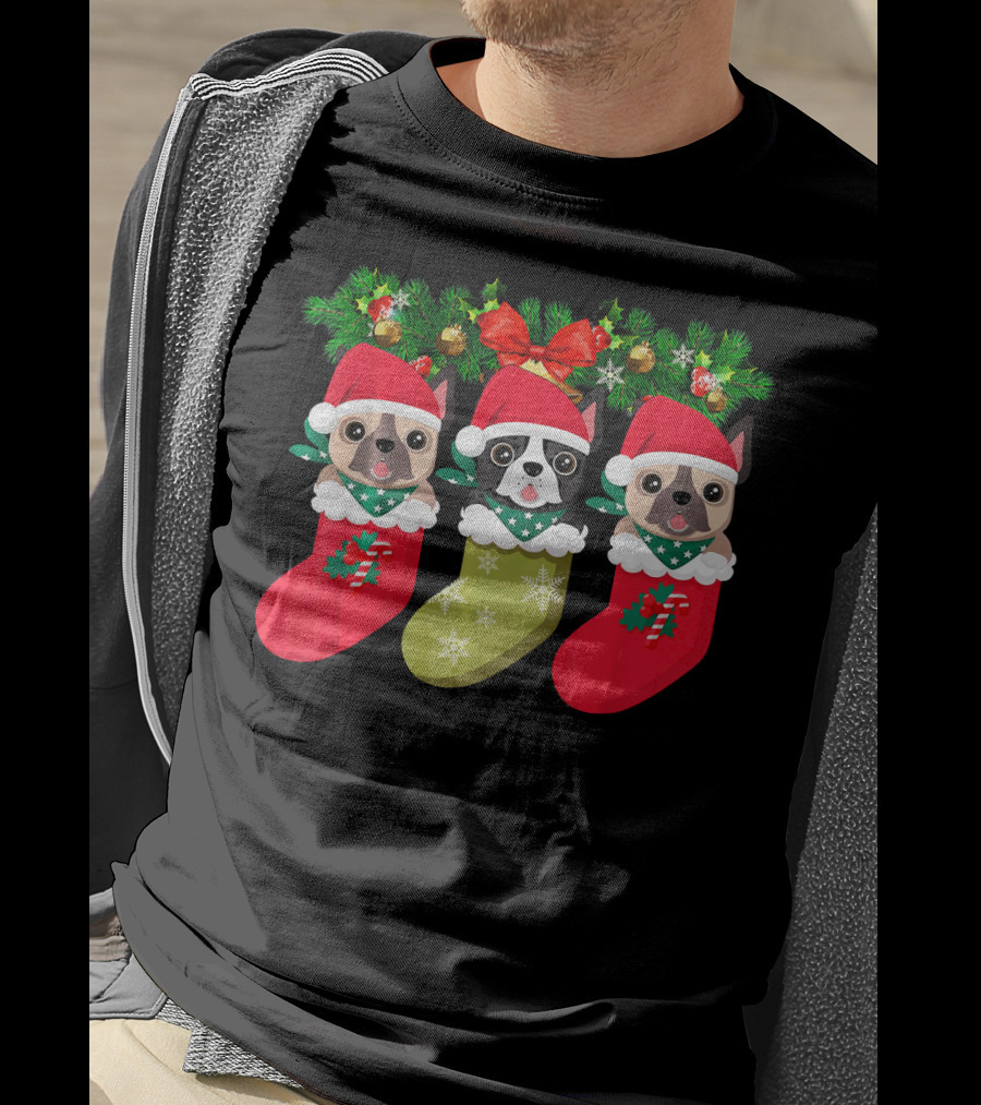 Pug Christmas Socks Festive Dog Stocking Trio With Santa Hats And Holly T-Shirt
