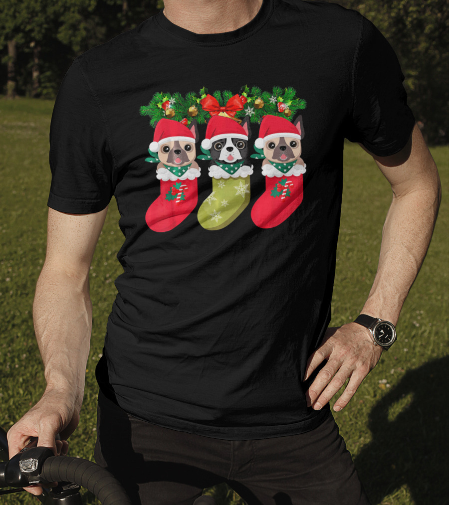 Pug Christmas Socks Festive Dog Stocking Trio With Santa Hats And Holly T-Shirt