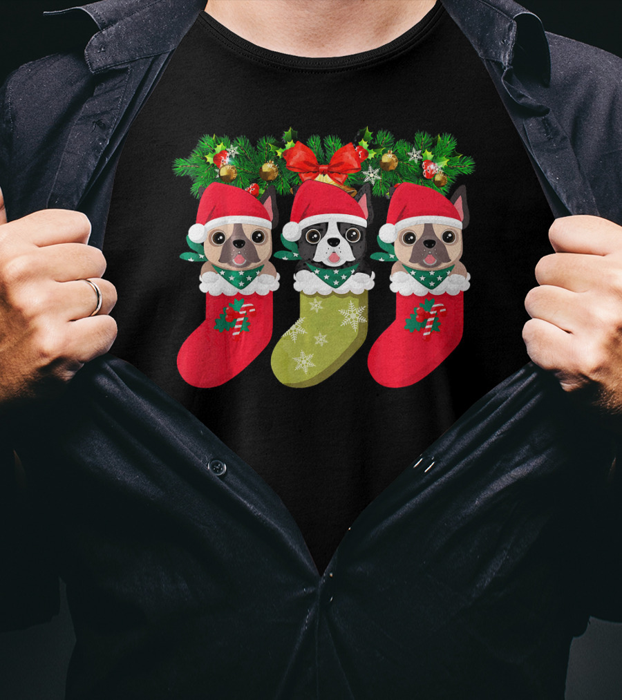 Pug Christmas Socks Festive Dog Stocking Trio With Santa Hats And Holly T-Shirt