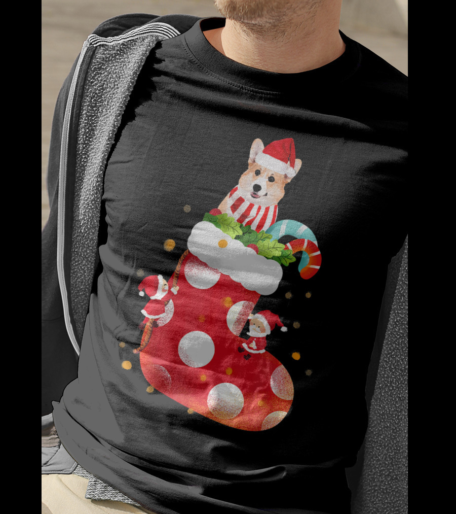 Christmas Corgi Dog In Santa Hat And Striped Scarf In Festive Stocking With Candy Cane T-Shirt