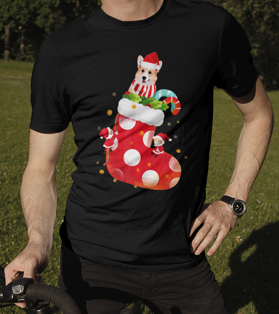 Christmas Corgi Dog In Santa Hat And Striped Scarf In Festive Stocking With Candy Cane T-Shirt
