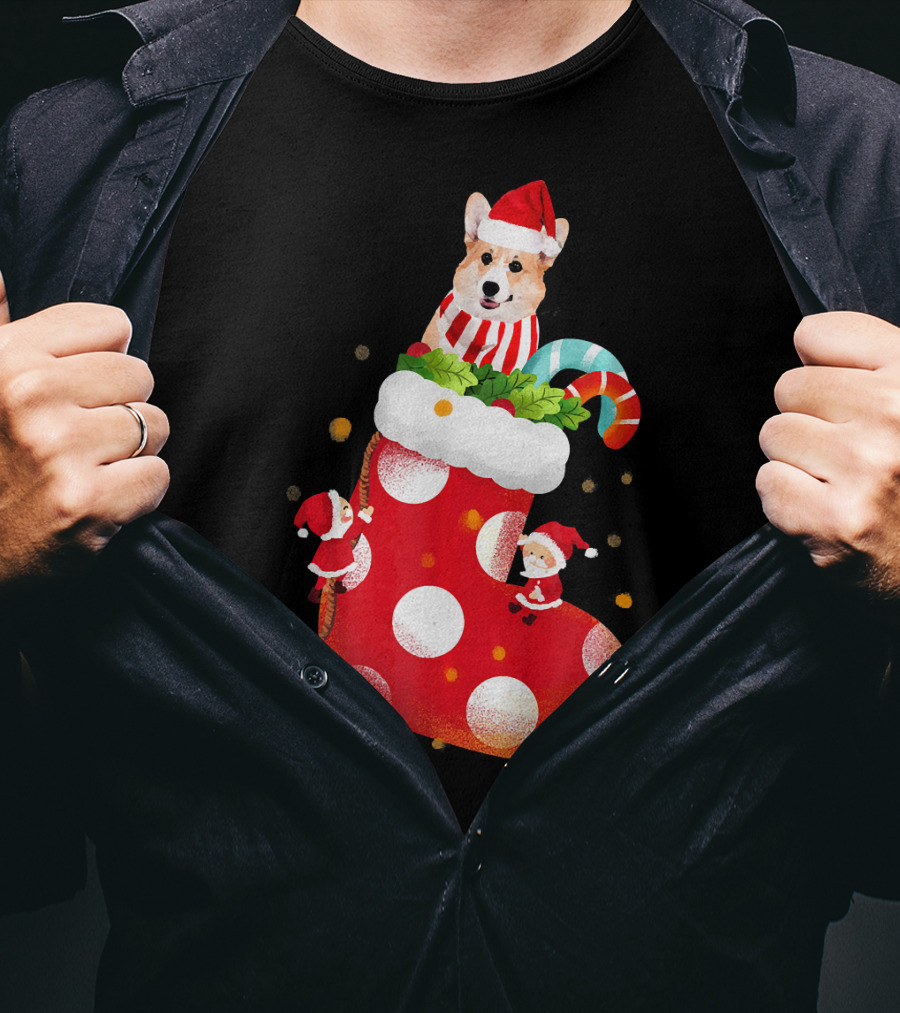 Christmas Corgi Dog In Santa Hat And Striped Scarf In Festive Stocking With Candy Cane T-Shirt