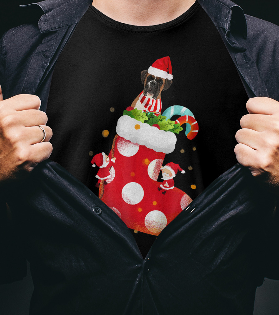 Christmas Boxer Dog Inside Santa Hat Sock With Candy Cane T-Shirt