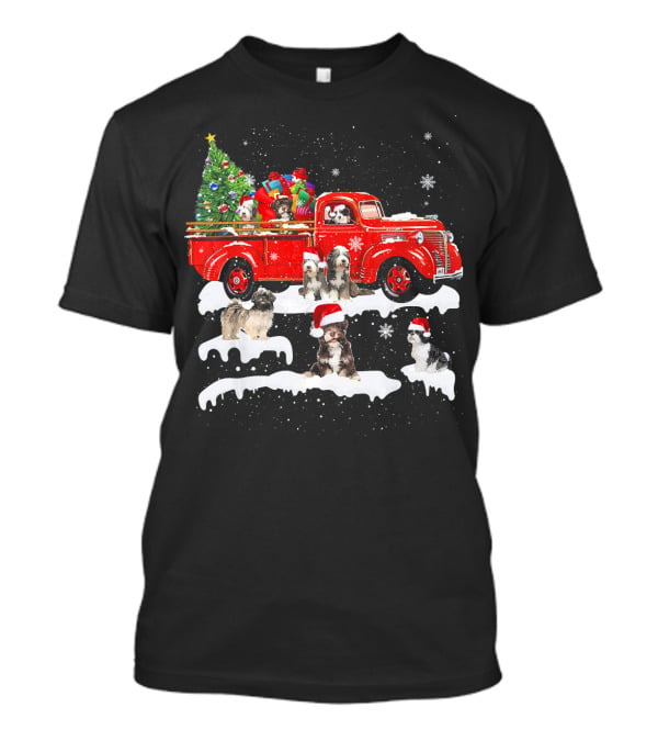 Tibetan Terrier Santa Hats Riding Red Truck With Christmas Tree And Gifts Snowflakes T-Shirt