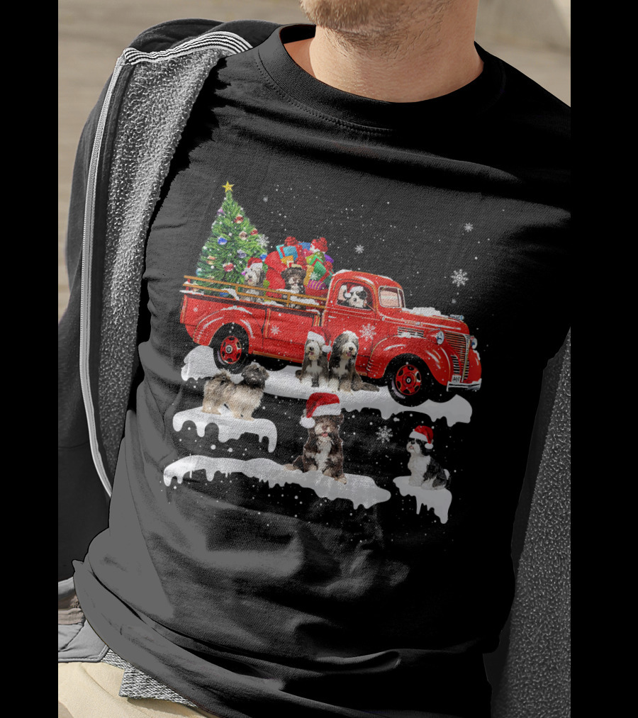 Tibetan Terrier Santa Hats Riding Red Truck With Christmas Tree And Gifts Snowflakes T-Shirt