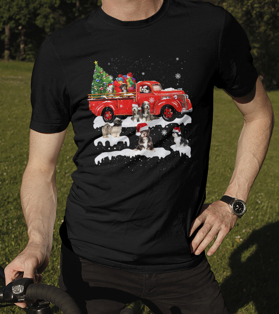 Tibetan Terrier Santa Hats Riding Red Truck With Christmas Tree And Gifts Snowflakes T-Shirt
