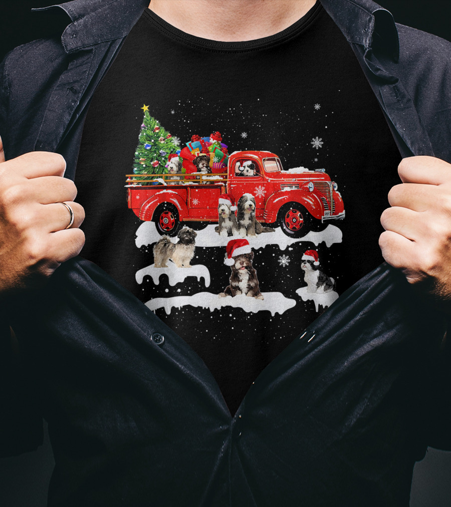 Tibetan Terrier Santa Hats Riding Red Truck With Christmas Tree And Gifts Snowflakes T-Shirt