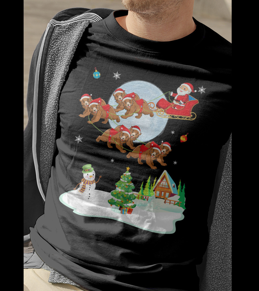 Santa Claus Sleigh With Bears And Snowman By Moonlit Cabin Noel T-Shirt