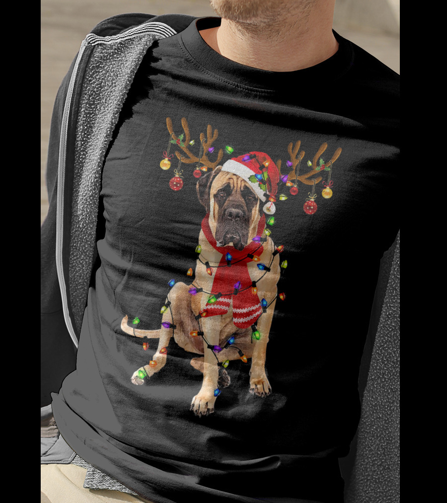 English Mastiff Christmas Lights Reindeer Antlers Santa Hat Scarf T-Shirt