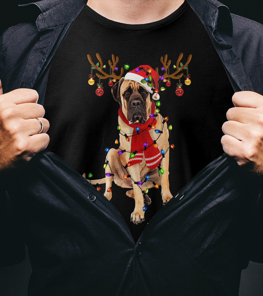 English Mastiff Christmas Lights Reindeer Antlers Santa Hat Scarf T-Shirt