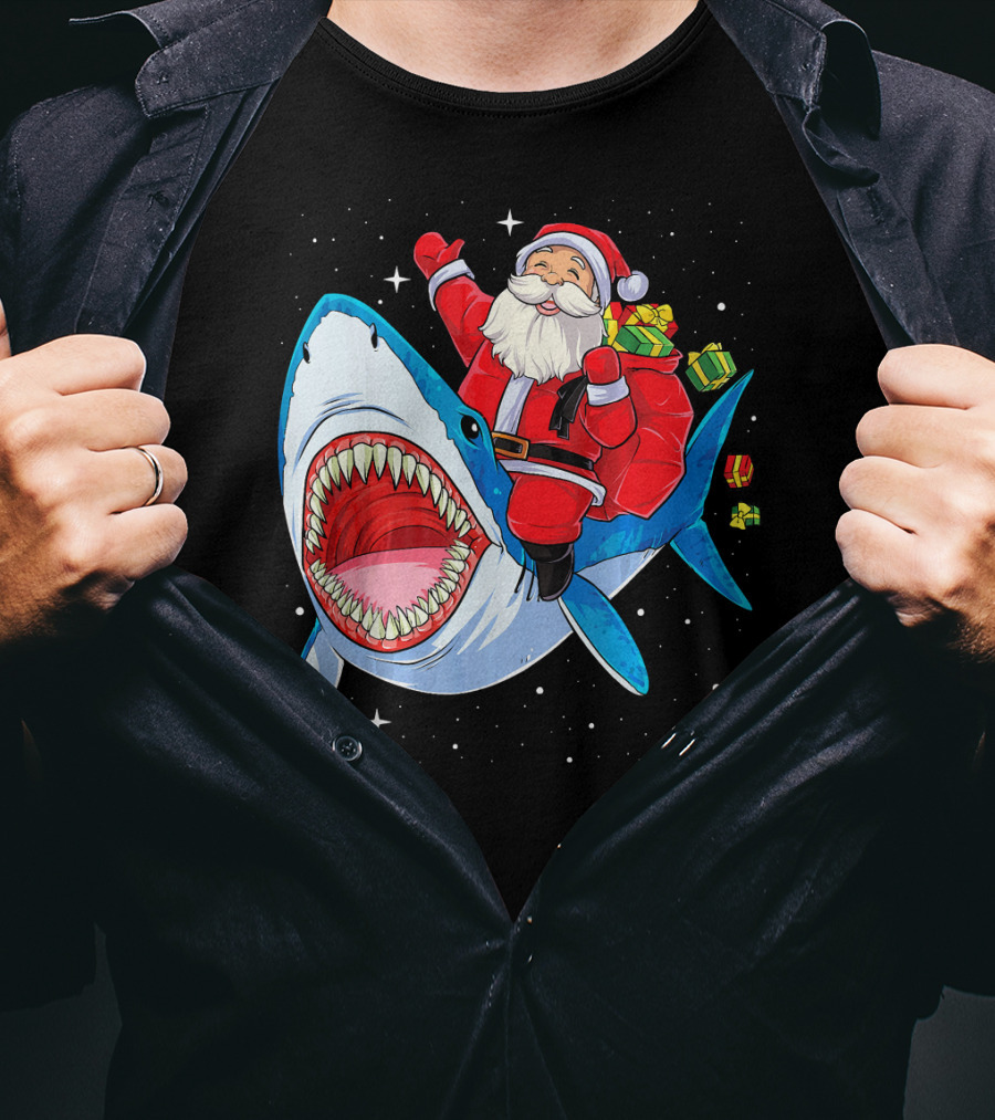 Christmas Kids Santa Riding Shark With Gifts T-Shirt