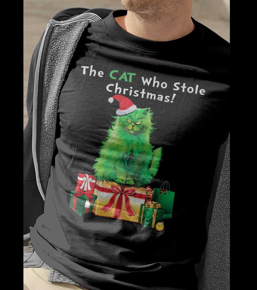 The CAT Who Stole Christmas Holiday Purr With Santa Hat And Gifts T-Shirt