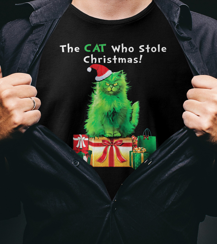 The CAT Who Stole Christmas Holiday Purr With Santa Hat And Gifts T-Shirt