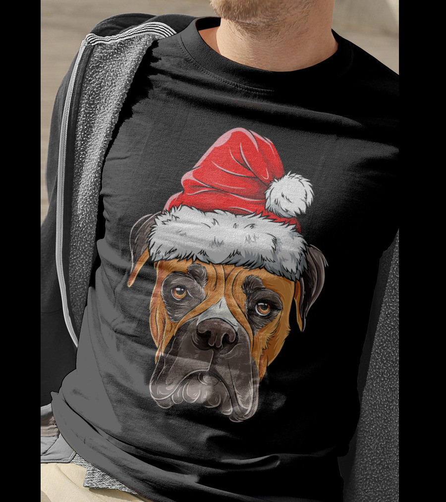 Boxer Dog With Santa Hat Christmas Holiday T-Shirt