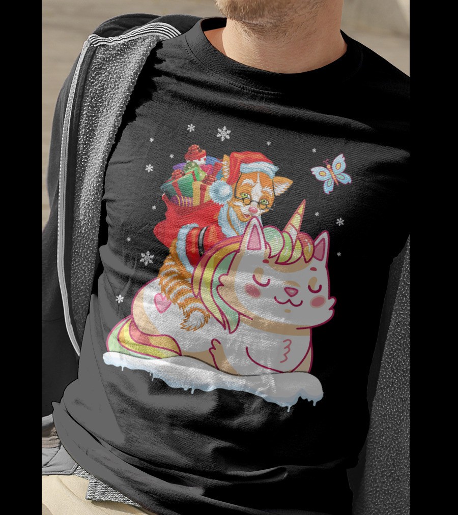 Santa Cat Riding Unicorn With Christmas Presents And Butterfly T-Shirt