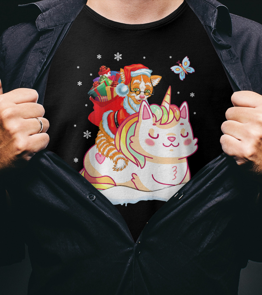 Santa Cat Riding Unicorn With Christmas Presents And Butterfly T-Shirt