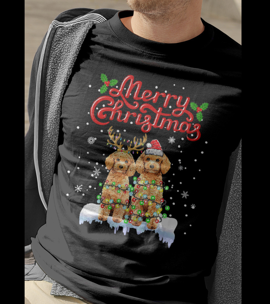 Merry Christmas Poodle Lights Funny Dog Matching T-Shirt