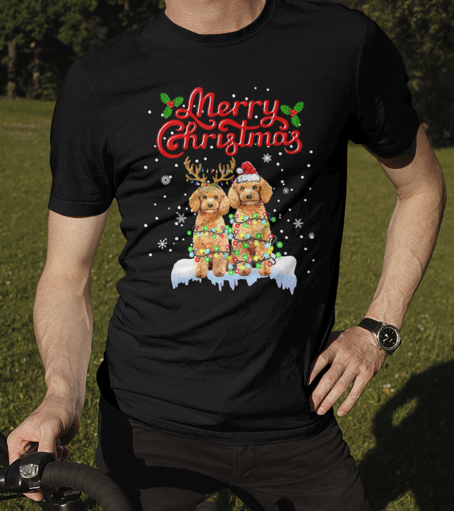 Merry Christmas Poodle Lights Funny Dog Matching T-Shirt