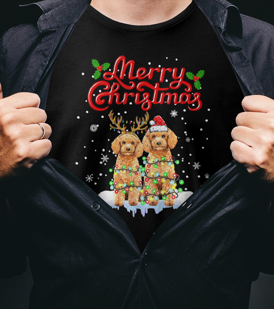 Merry Christmas Poodle Lights Funny Dog Matching T-Shirt