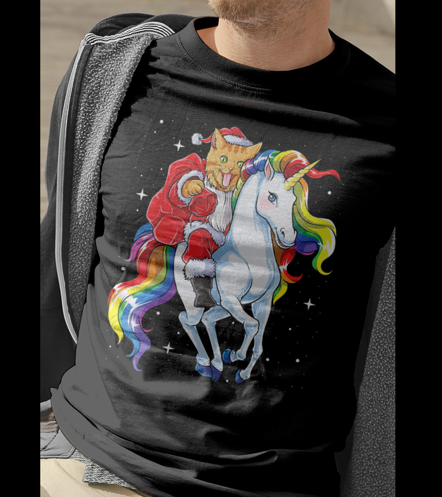 Cat Santa Riding Rainbow Unicorn Christmas Girl T-Shirt