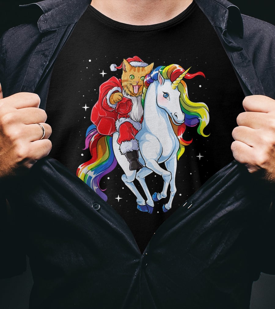 Cat Santa Riding Rainbow Unicorn Christmas Girl T-Shirt