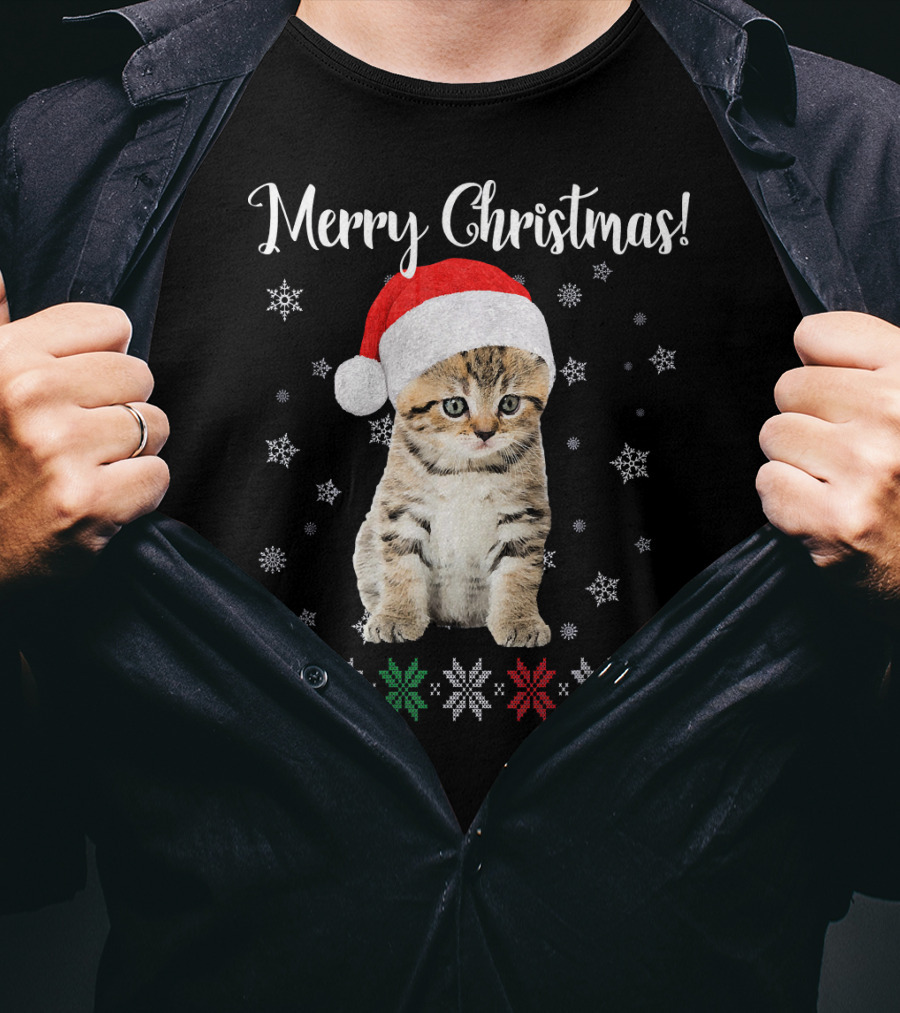 Merry Christmas Cat Wearing Santa Hat With Snowflakes And Festive Stars T-Shirt