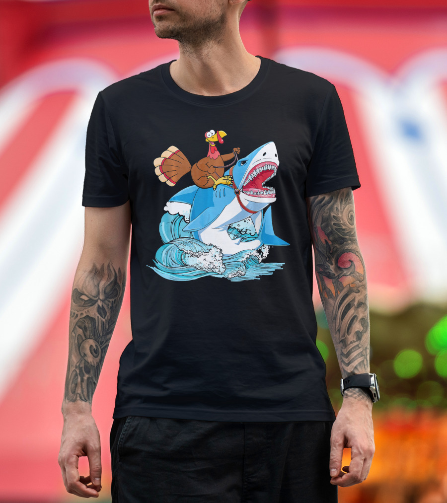 Dabbing Turkey Riding Great White Shark Waves T-Shirt