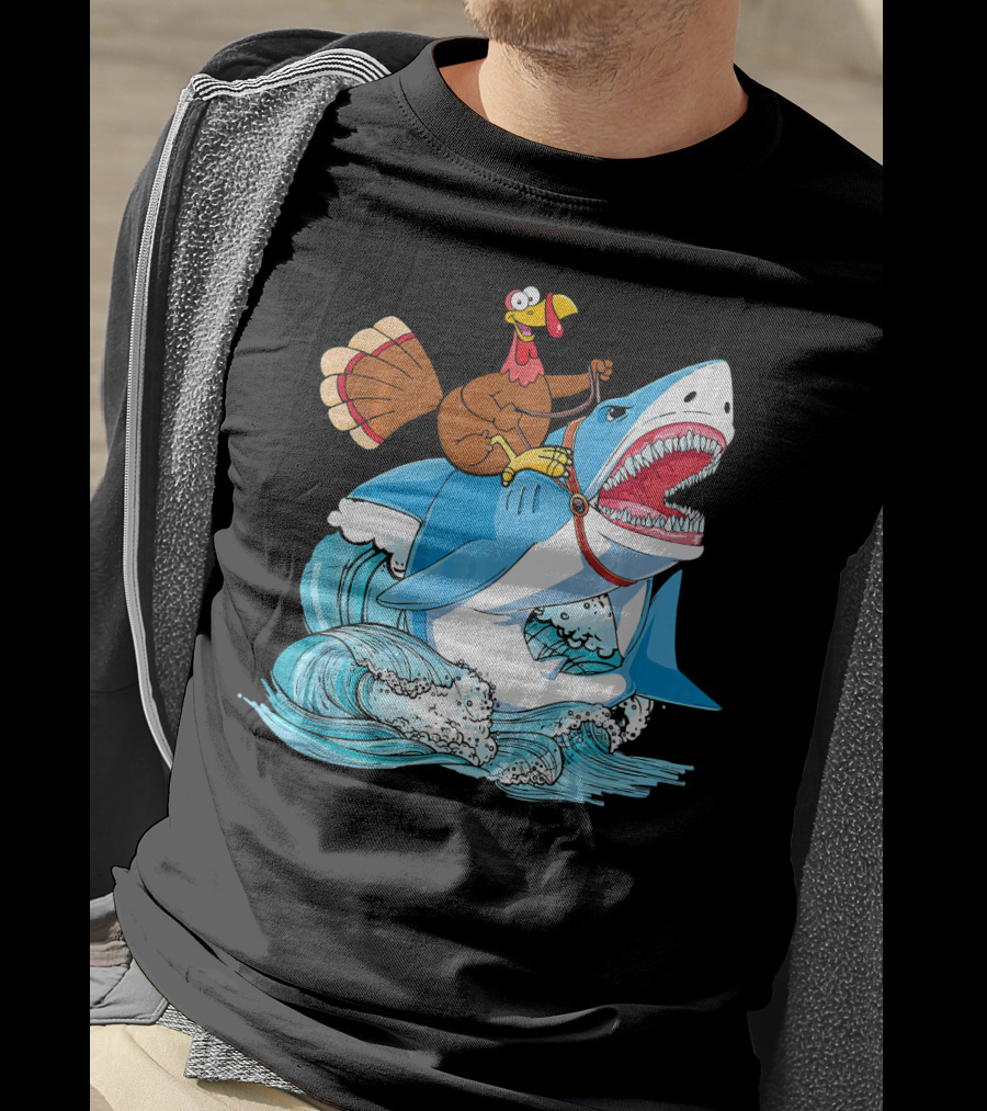 Dabbing Turkey Riding Great White Shark Waves T-Shirt