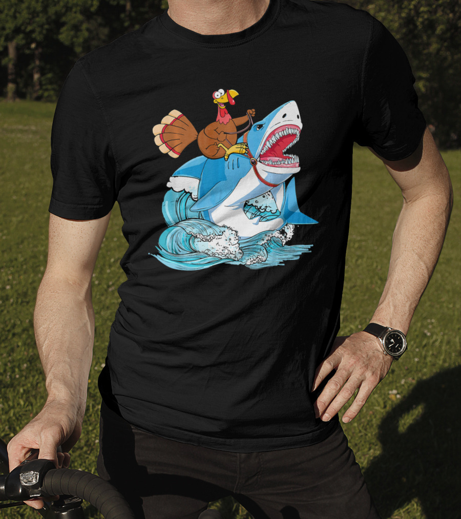 Dabbing Turkey Riding Great White Shark Waves T-Shirt