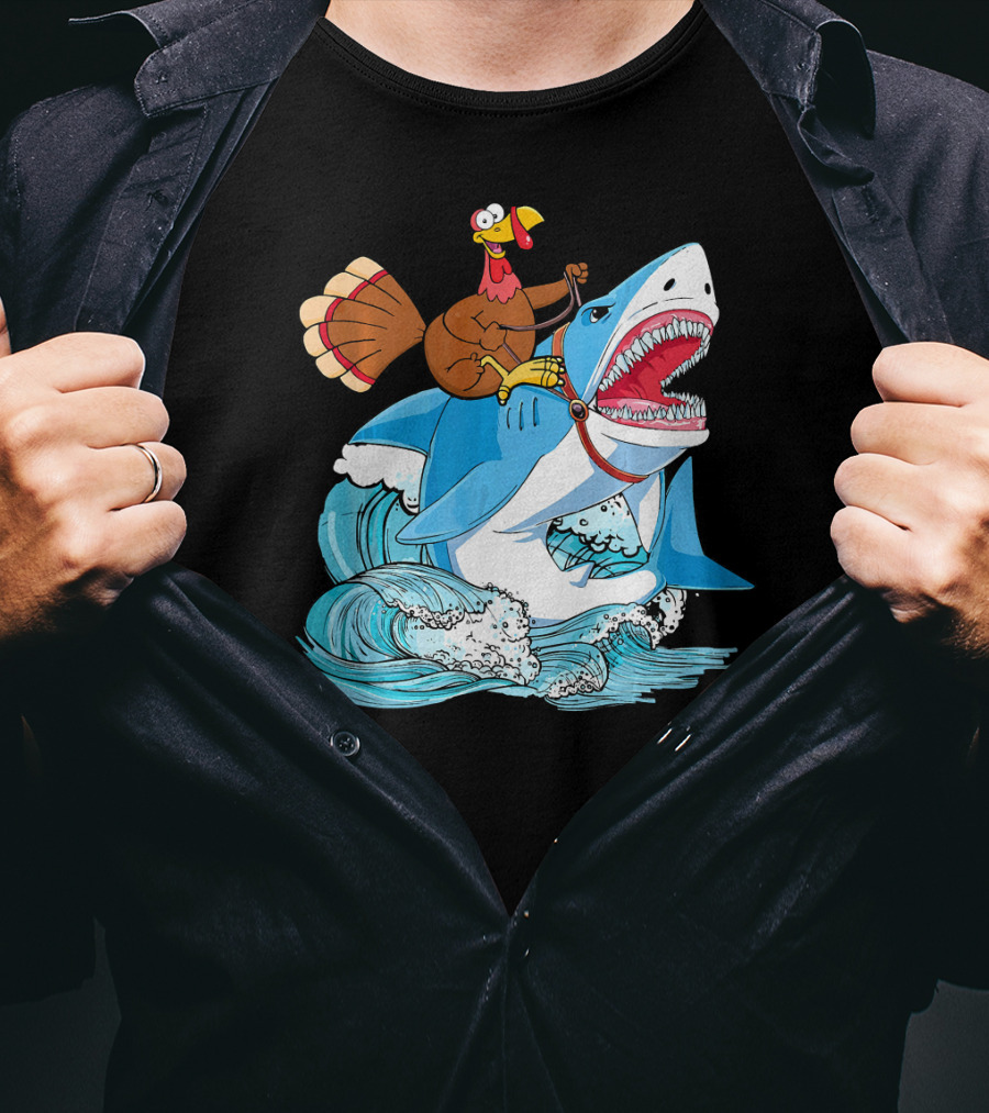 Dabbing Turkey Riding Great White Shark Waves T-Shirt