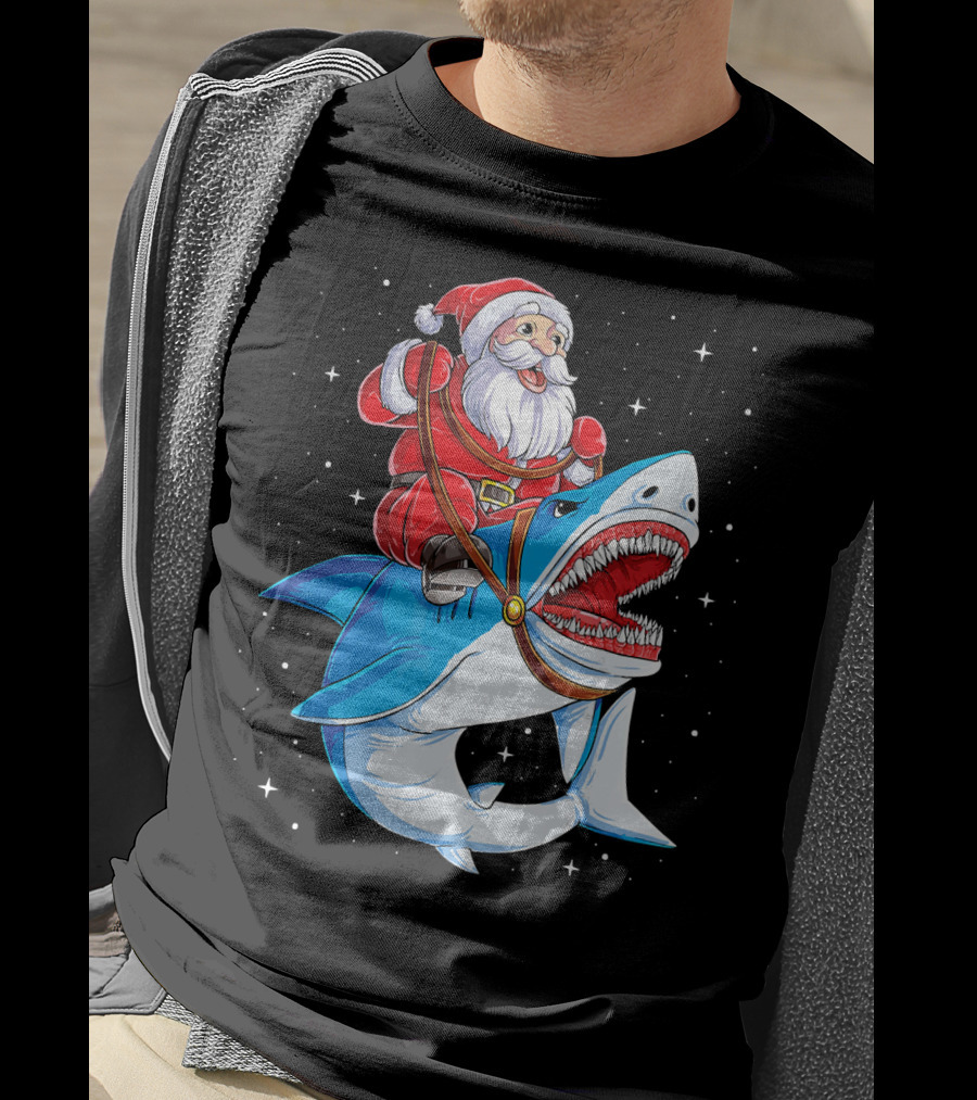 Santa Riding Shark Christmas Boys Santa Shark T-Shirt