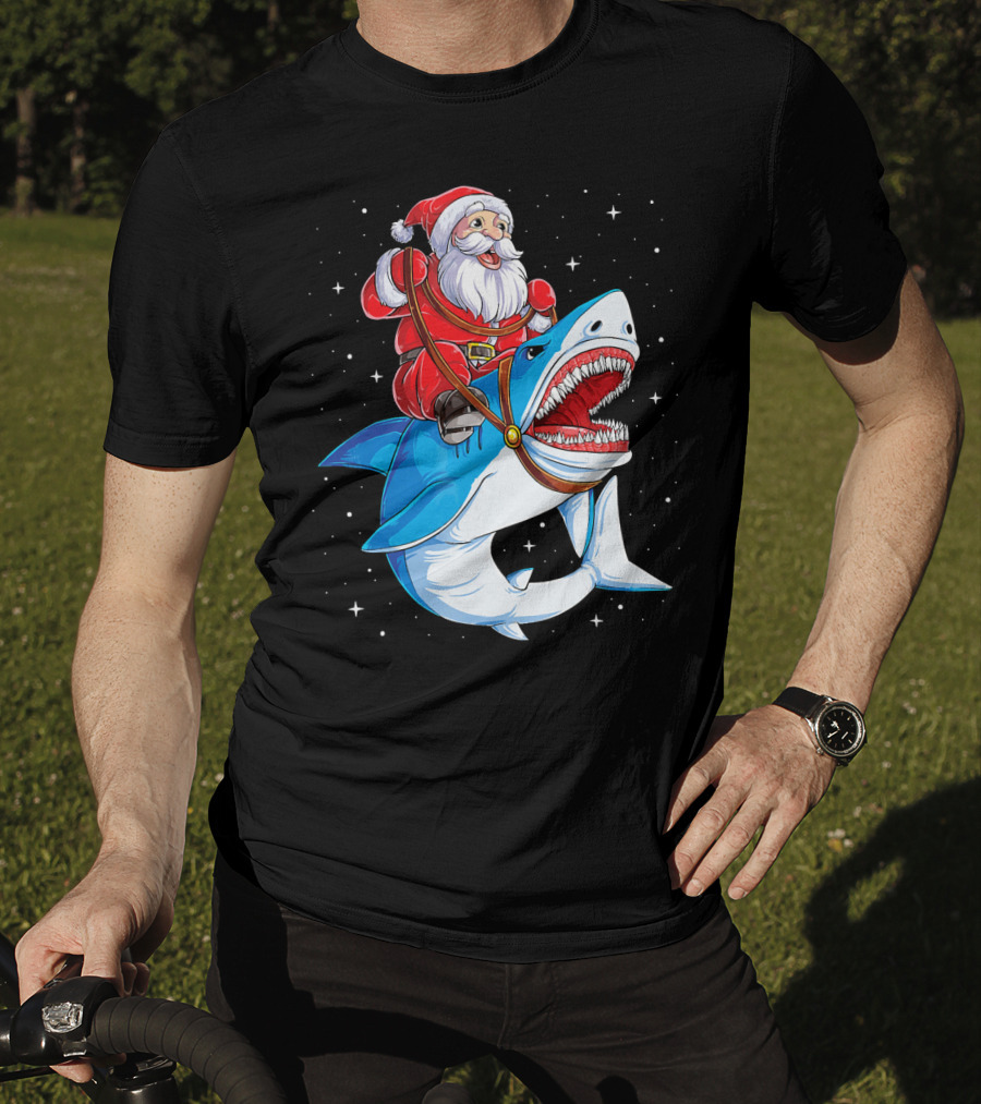 Santa Riding Shark Christmas Boys Santa Shark T-Shirt