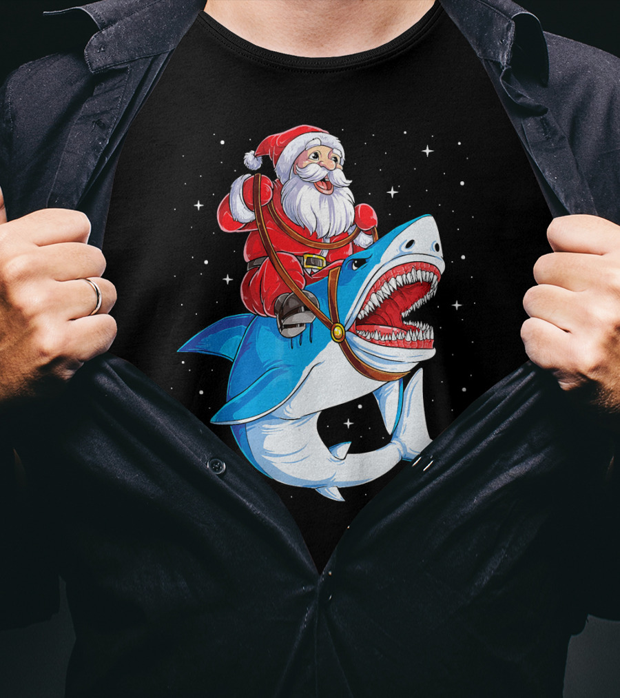 Santa Riding Shark Christmas Boys Santa Shark T-Shirt