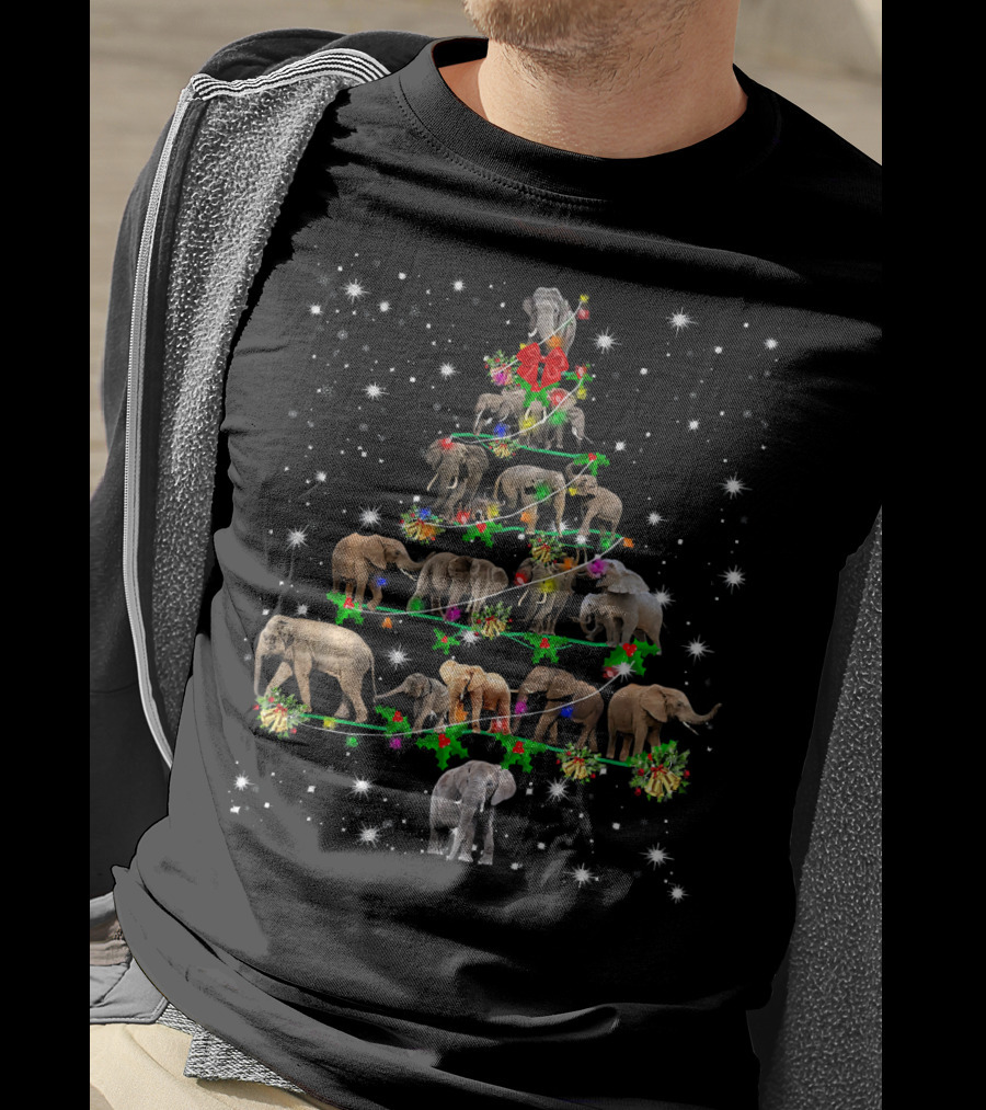 Funny Elephants Christmas Tree Ornament Holiday Decor With Festive Snowflakes And Lights T-Shirt