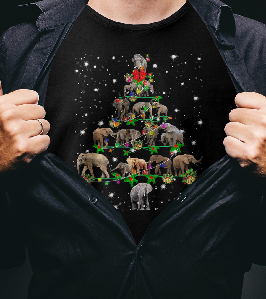 Funny Elephants Christmas Tree Ornament Holiday Decor With Festive Snowflakes And Lights T-Shirt