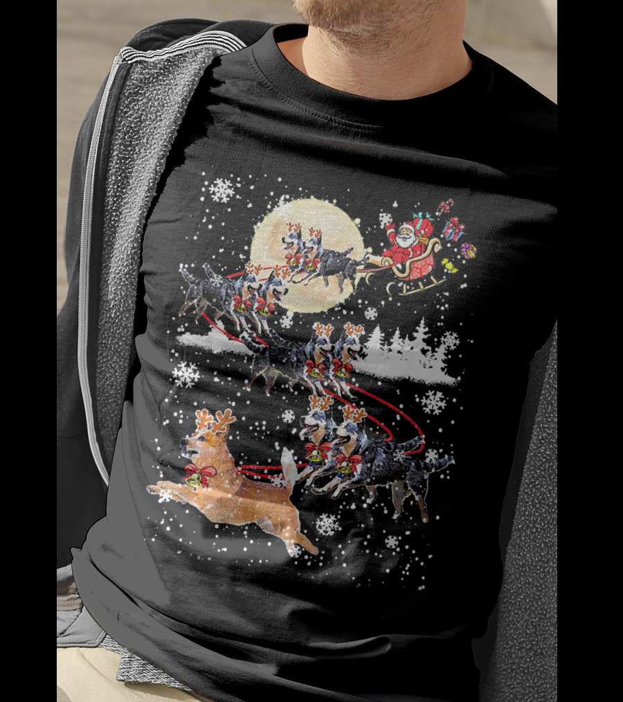 Heeler Reindeer Santa Sleigh Christmas Moon Dog T-Shirt