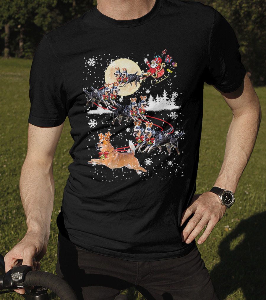 Heeler Reindeer Santa Sleigh Christmas Moon Dog T-Shirt